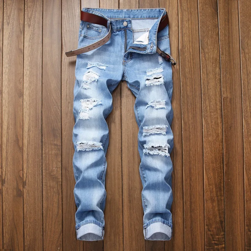 Slim-fit Denim Pants Men's Trousers Nostalgic Torn Brand Ripped Jeans Fashion Straight Men Hip Hop Beggars Male Hole Light Blue