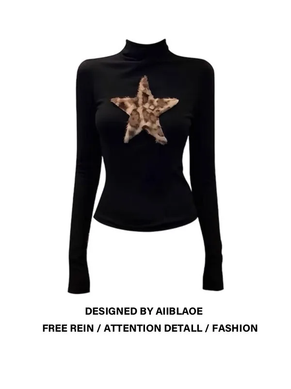 

plus Size Women's Vintage High Collar Sve T-irt Star Print Slim Fit Long Sve Top for Autumn Winter Faion Slimming Top