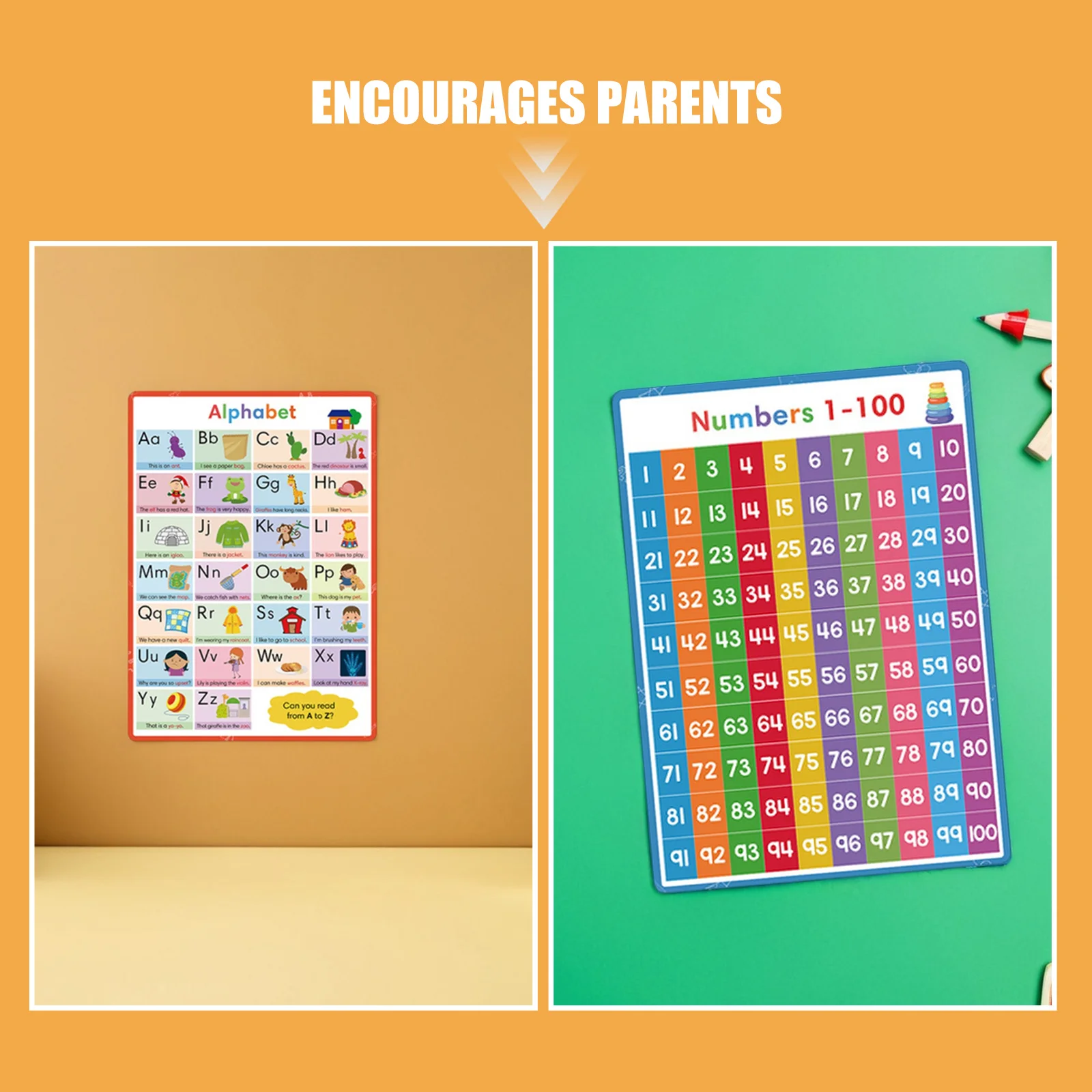 Póster de números del 1 al 100 y del alfabeto para niños, pósteres coloridos de aprendizaje, decoración de aula, gráficos educativos para niños pequeños, 2 uds.