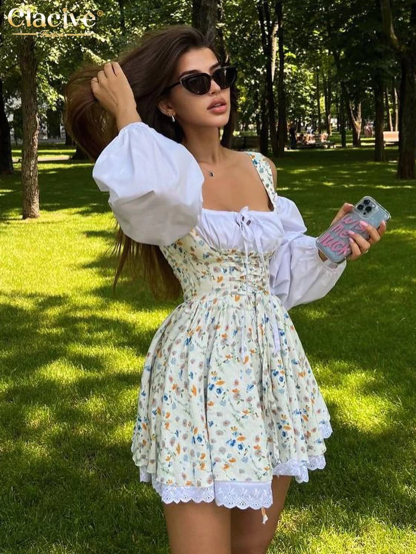 Clacive Sexy Slim Print Womens Dresses 2024 Fashion Square Collar Puff Sleeve Mini Dress Elegant Patchwork Pleated Female Dress