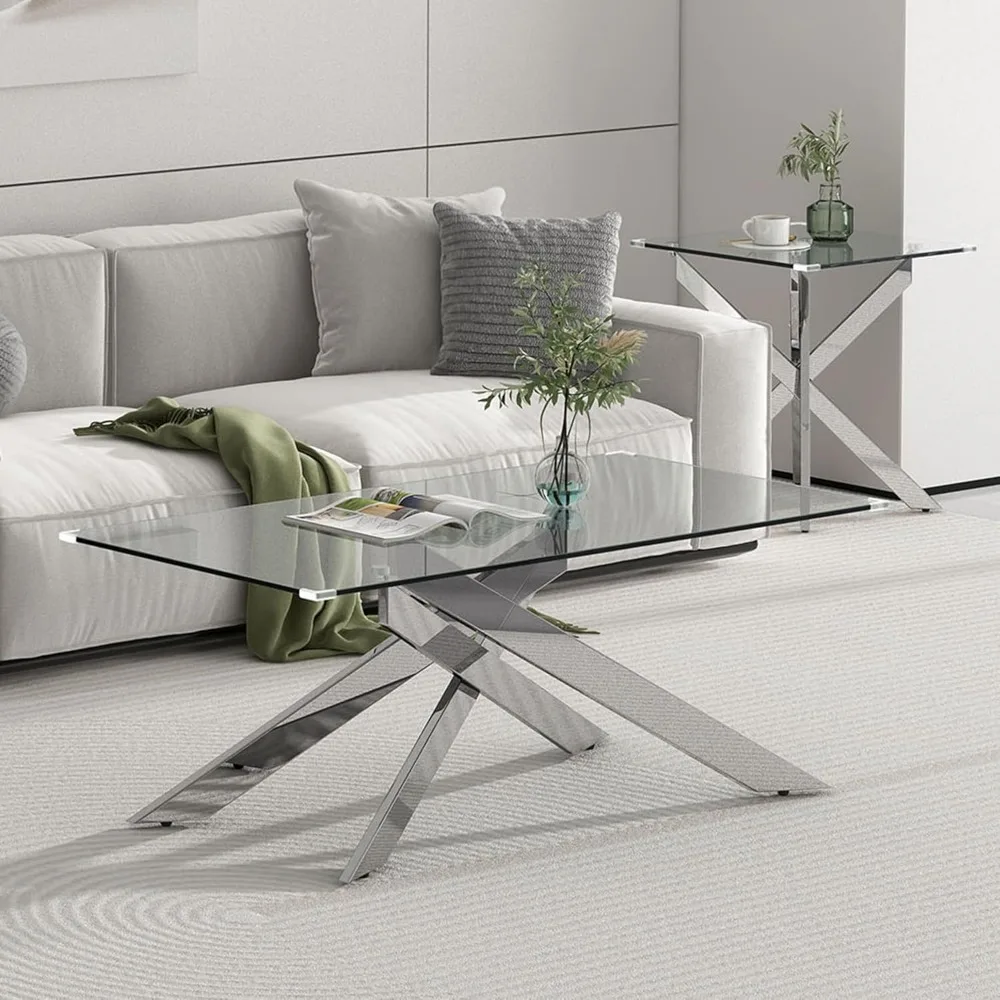 

Glass Coffee Table, Modern Rectangle Center Table with Tempered Glass Top and Gold Metal Legs, Living Room Tea Tables