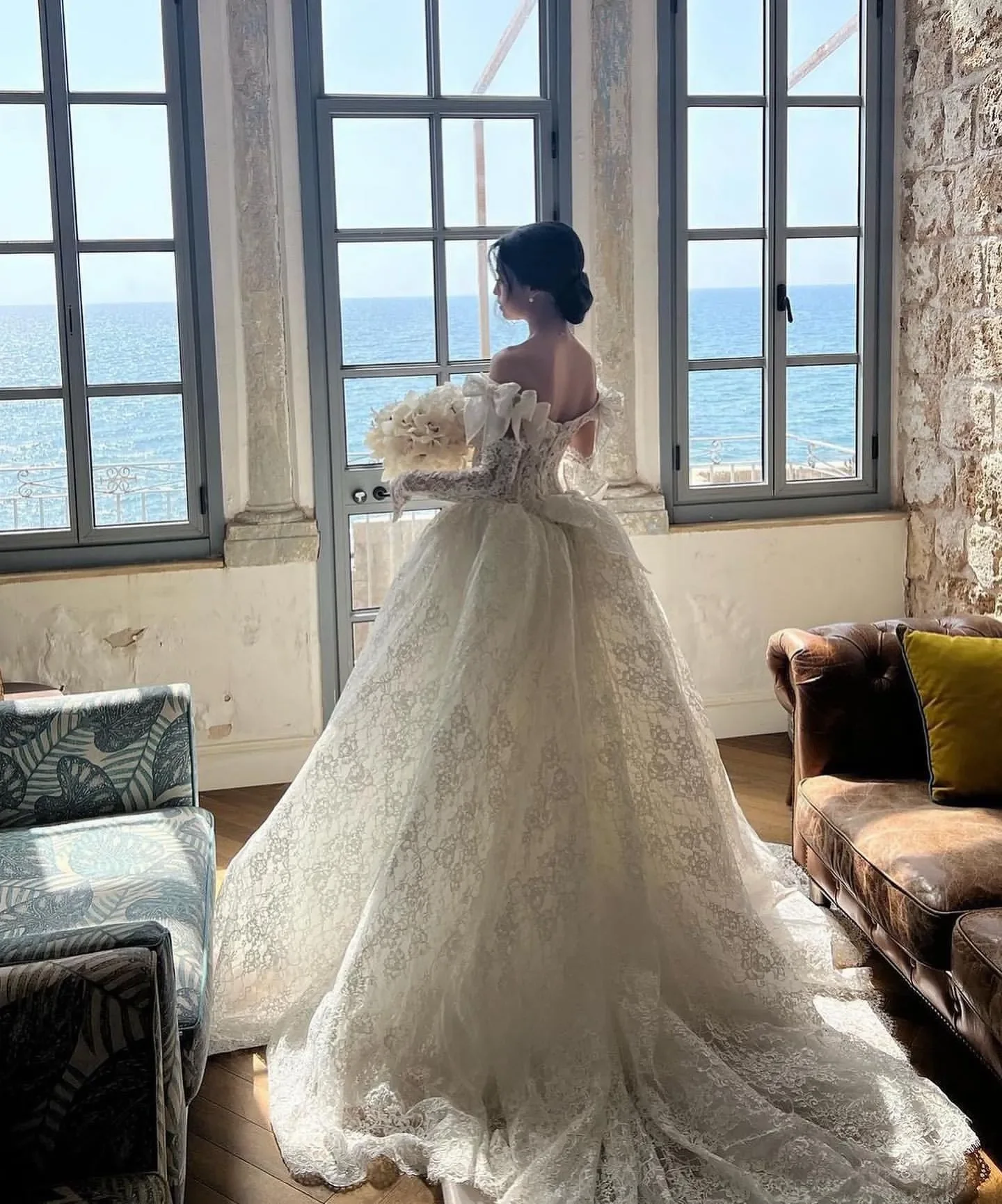 Customized Elegant A-Line White Printed Bohemian Women's Wedding Dress With High Waist Exposed Back And Earth Sexy Bridal Gown