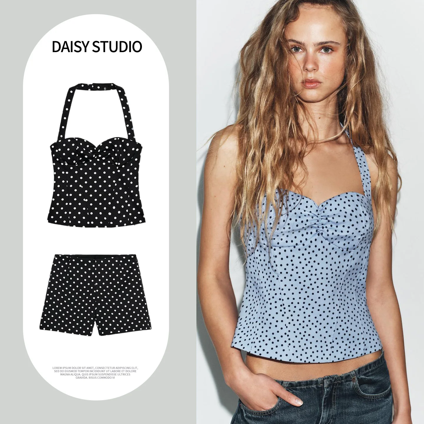 

High Waist Casual Short Pants with Zipper Side Heart Collar Hanging Neck Top And Short Pants Two Piece Set Spring Fashion