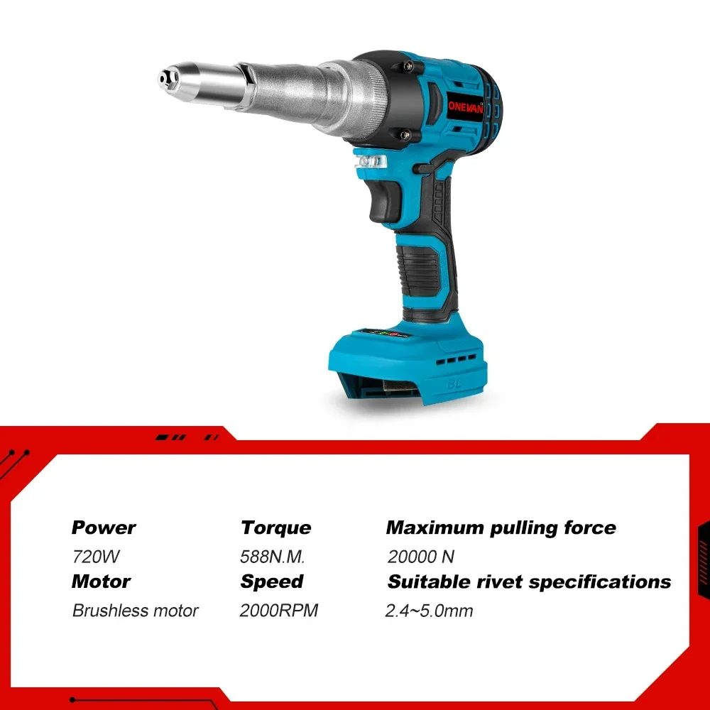 ONEVAN 20000N Brushless Electric Rivet Gun 2.4~5.0mm Cordless Rivet Nut Gun 720W Drill Insert Power Tools For Makita 18V Battery