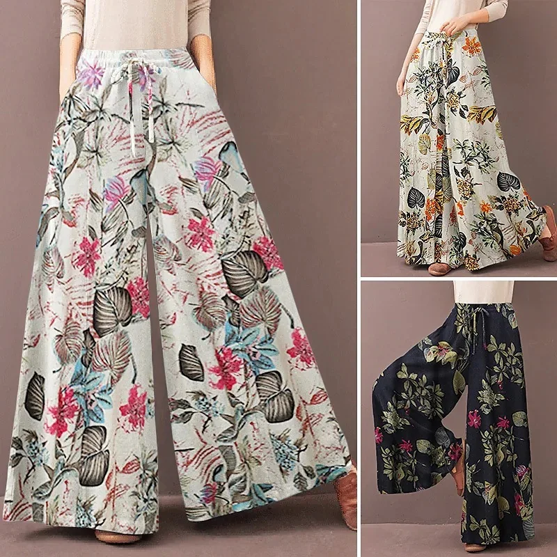 

2025 Printed Elastic Waist Casual Floral Women's Wide Leg Pants Trousers