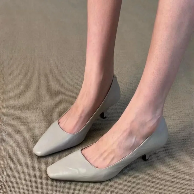 Leather Kitten Heels Pumps Shoes for Woman, Minimalist Office Slip on Zapatos Para Mujer,Elegant Footwear Chaussures Pour Femmes