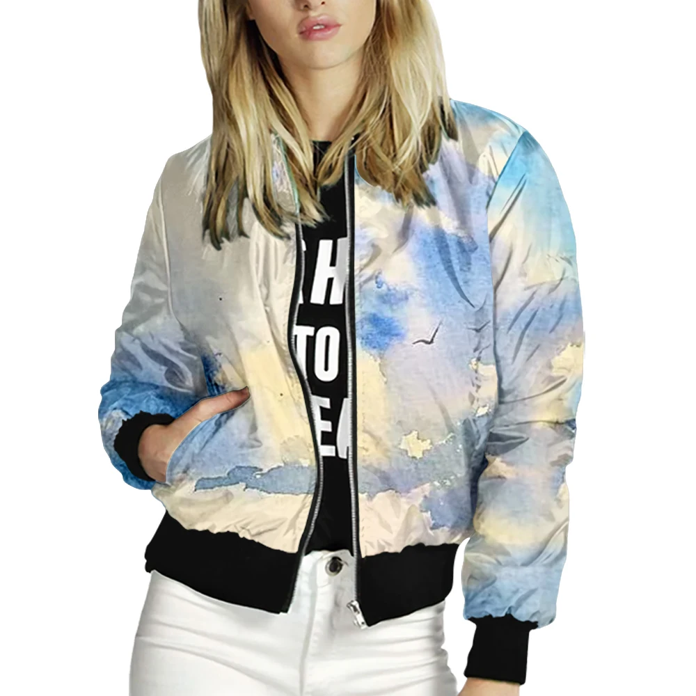 

Women's Jacket Tops Long Sleeves Watercolor Print Baseball Collar Zipper Coat Slim Lady Girls bomber Jacket Street Style