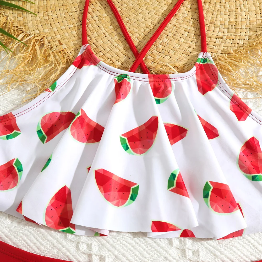 Girl Watermelon Print Bikini Swimsuit Kids Ruffle Flounce Two Piece Children's Swimwear 5-14 Years Criss Cross Teen Bathing Suit