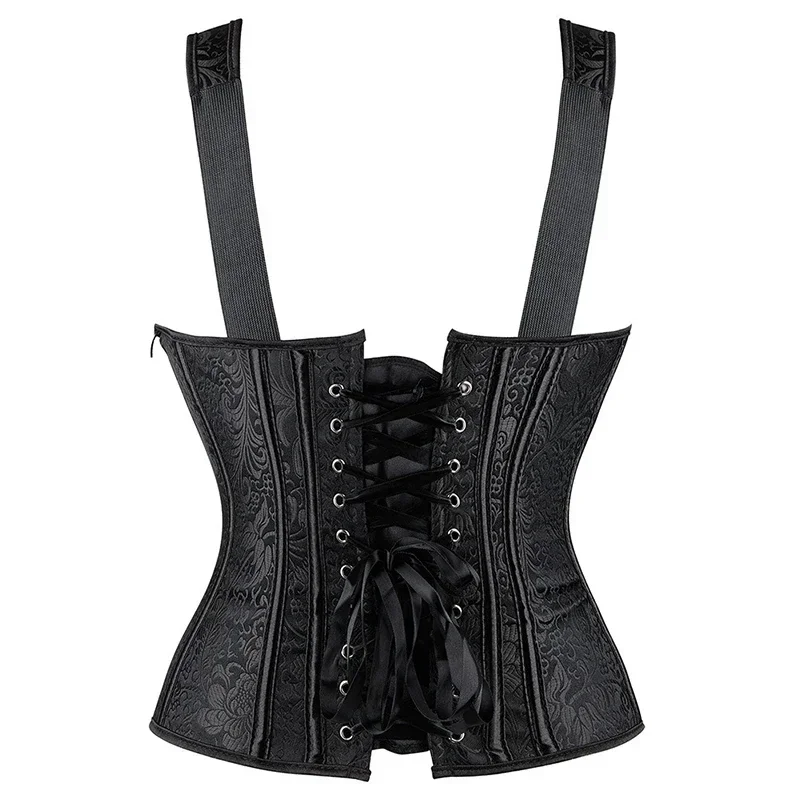 Sexy Women Corset with Straps Black Overbust Corsets Vest Plus Size Steampunk Corsets Bustiers Lace Up Boned Jacquard Corset Top