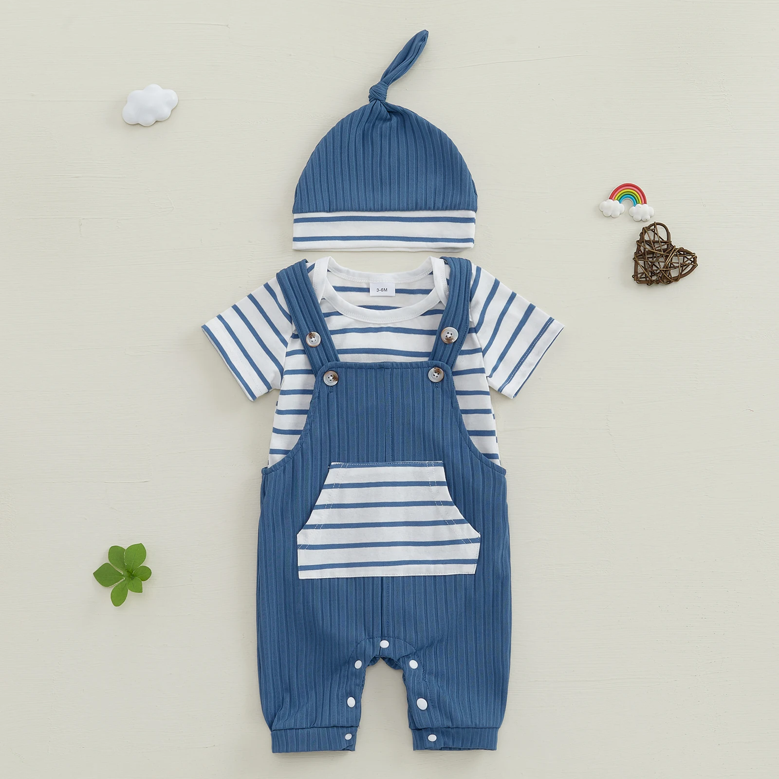 Cute Baby Boys Summer Outfits Stripe Short Sleeve Rompers Suspender Pants Hat 3Pcs Boys Clothes Set