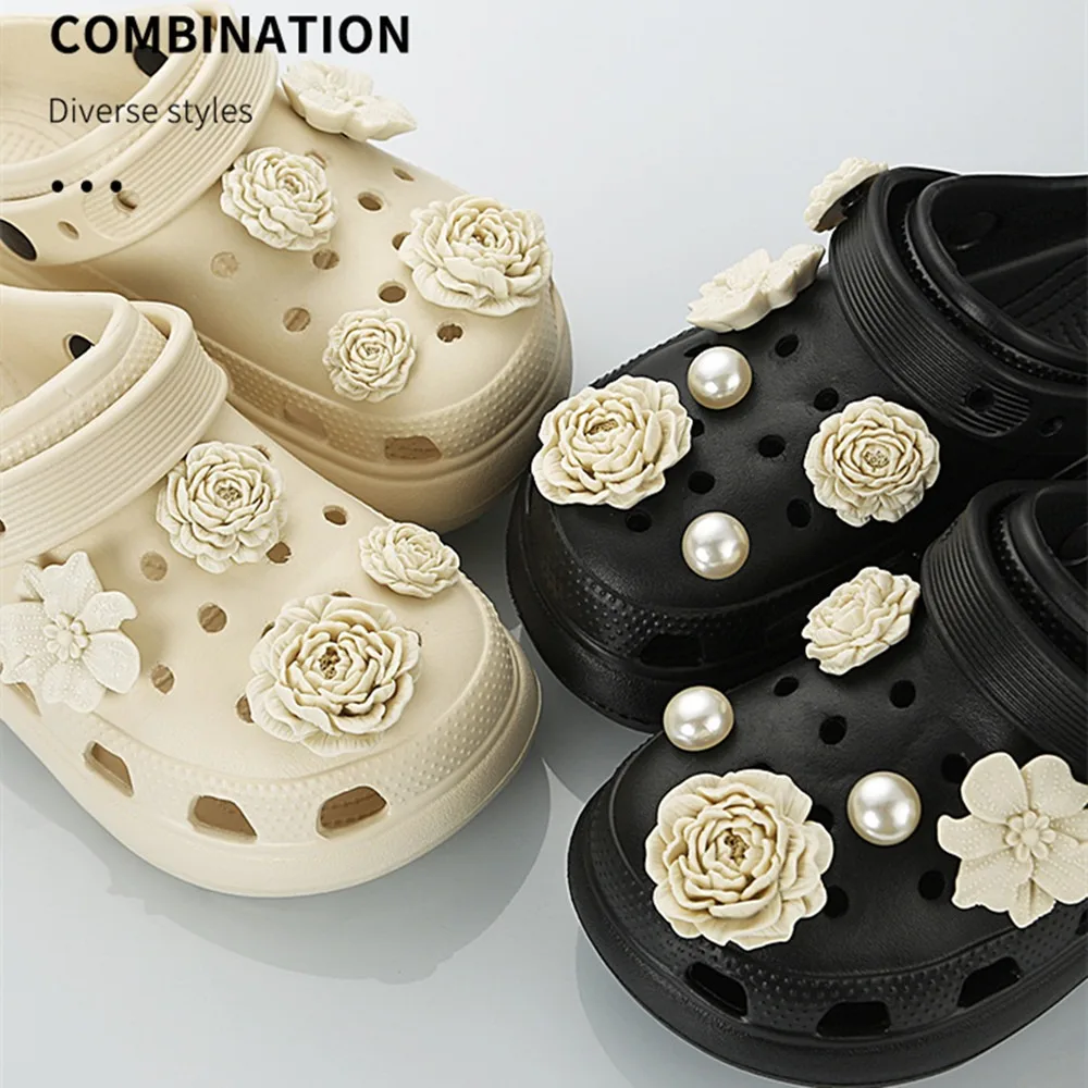 New Cartoon Puff Flower Hole Shoe Charms Decorations Fashion Shining Pearl Shoe Flower Shoes Buckle DIY 3D Hole Shoe Accessories