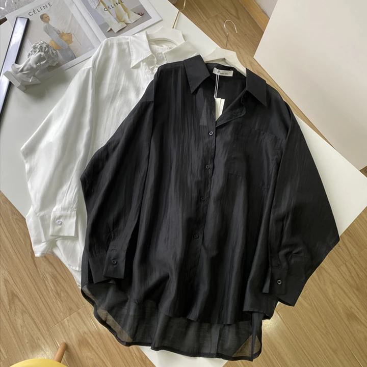 Spring Rayon New Women's Turn-down Collar Shirts Long Sleeves Sagging Sensation Loose Fit Versatile Lightweight Solid Coats