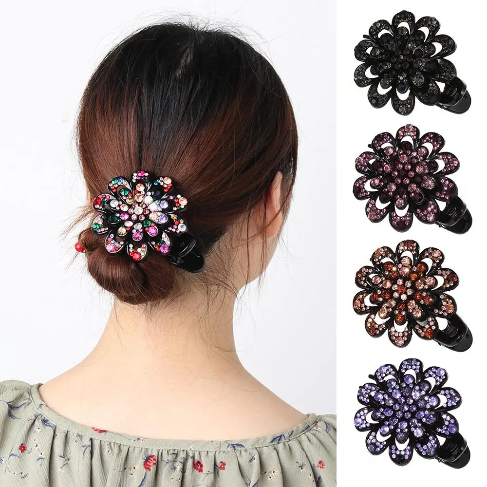 Women Girls Hair Claws Durable Flexible Crystal Flower Dovetail Duckbill Pins Rhinestone Hair Clip Hairpins