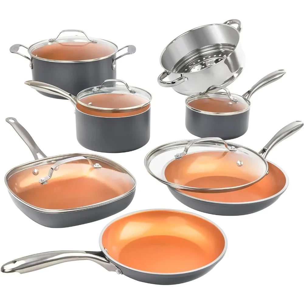 12 Pc Ceramic Pots , Kitchen Cookware Sets, Ceramic Cookware Set, Non Toxic Cookware Set,  Oven Dishwasher Safe - Copper