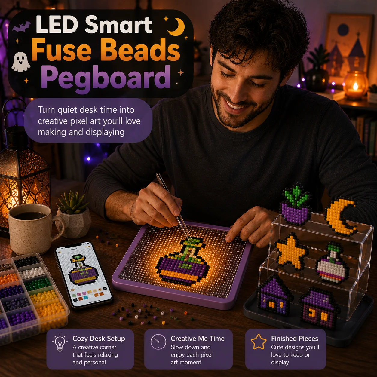 DIY LED Fuse Beads Pegboard Smart Pixel Art Board with App Patterns Creative Craft Kit Home Decoration