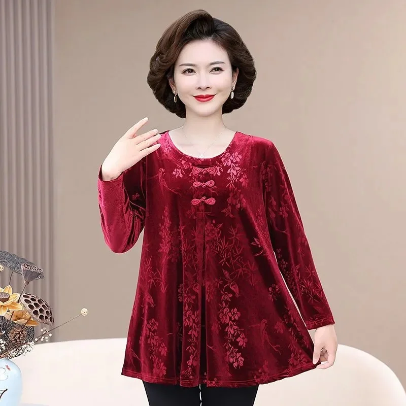 Middle Aged Mother Printing Blouse Spring Summer Female Fashion Round Neck Tshirt Korean Lady Large Size 6XL Golden Velvet Tops