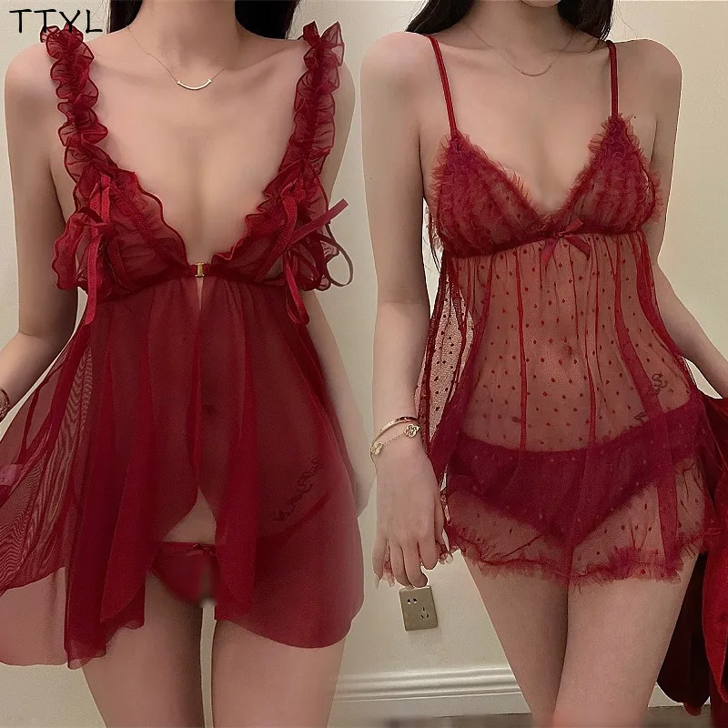TTYL ملابس داخلية مثيرة البولكا نقطة الجنس منامة شبكة منظور مغري الحمالات ثوب النوم سترة حمراء ملابس غريبة