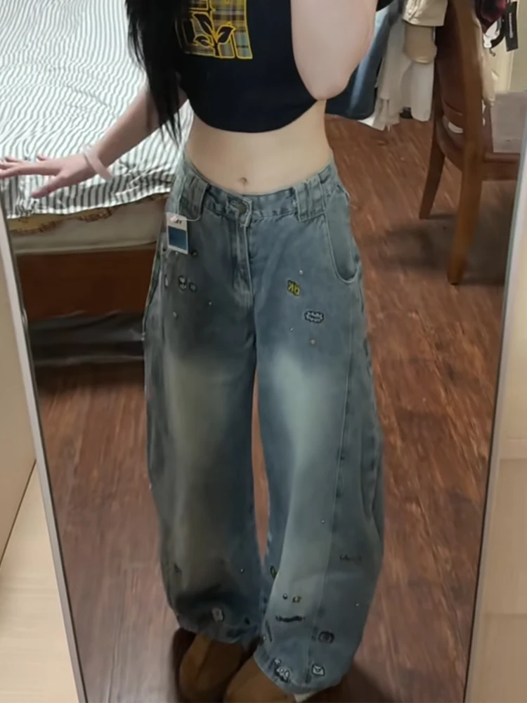 

plus Size Women's Cartoon Embroidery Wide Leg Jeans Straight Cut Autumn New Sle Low Waist Vintage Look Daily Wear Ladies Pants