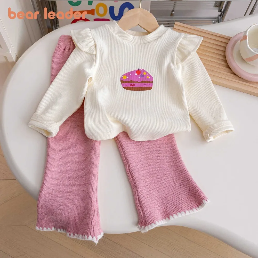 

Bear Leader Autumn Korean Version Children's Set Beige Long Sleeved Printed T-shirt Top+Pink Pants 2 Pcs Sweet Girl's Clothes