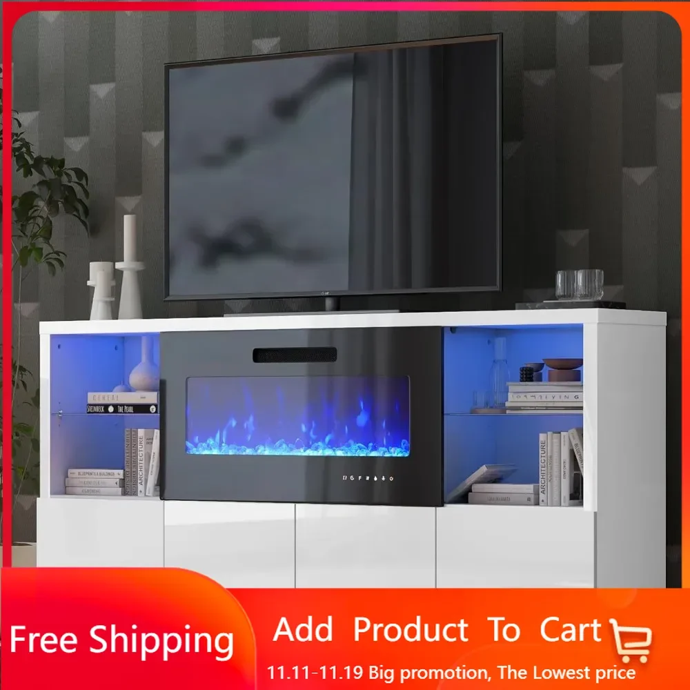 68'' Fireplace TV Stand with 40'' Fireplace,  Entertainment Center with LED Lights for TVs up to 78'',  White & Black