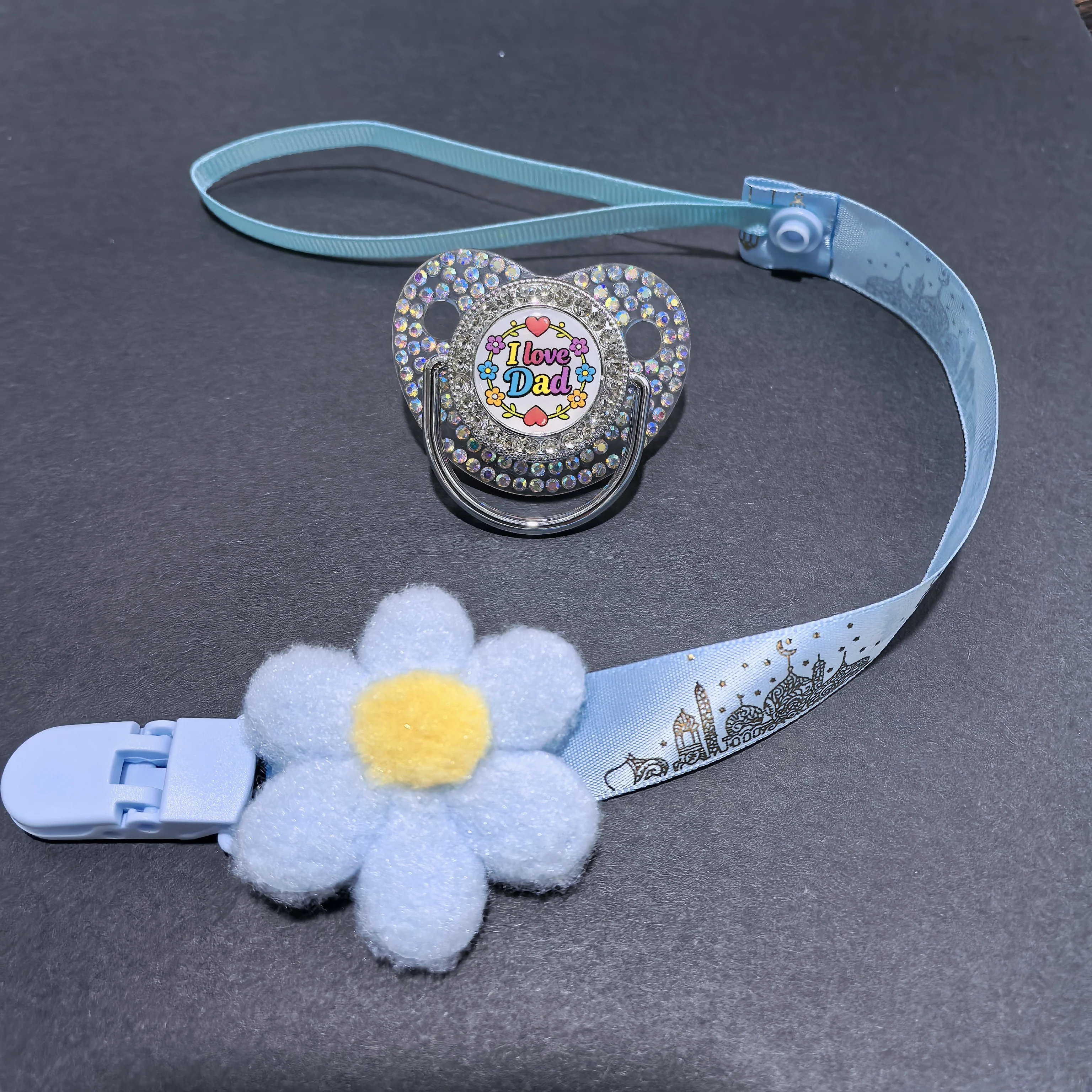 Luxury Baby Boy Pacifier Holder Rhinestone Soother with Islamic Pattern Ribbon & Polka Dot Bow - Perfect Baby Shower Gift