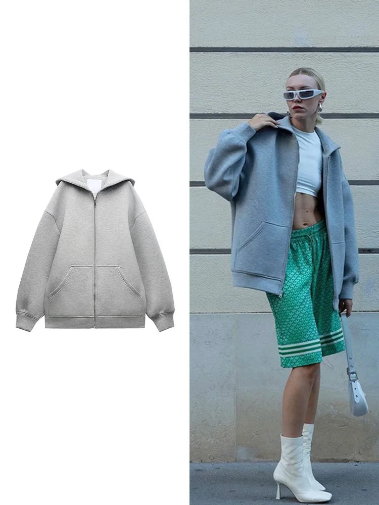 

Women's Fashion Warm Hooded Jacket Fall and Winter Gray Long Sleeve Pocket Zipper Jacket Commuter Casual Women Jacket