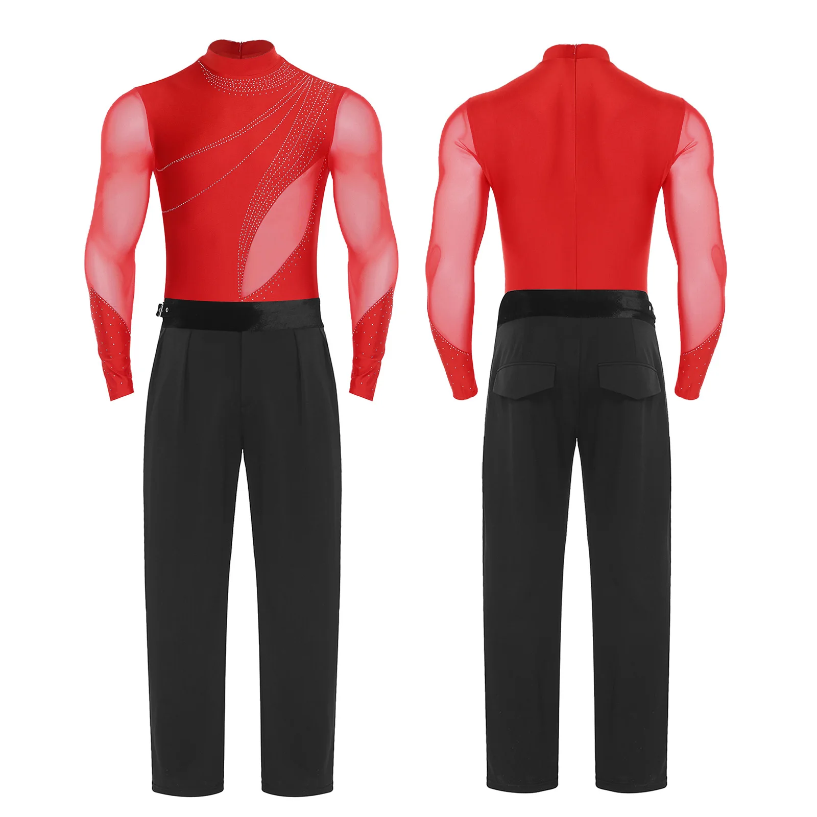 Men Latin Dance Outfit Rhinestone Mesh Long Sleeve Openable Crotch Leotard Bodysuit+Long Pants Ballet Rumba Tango Dance Costume