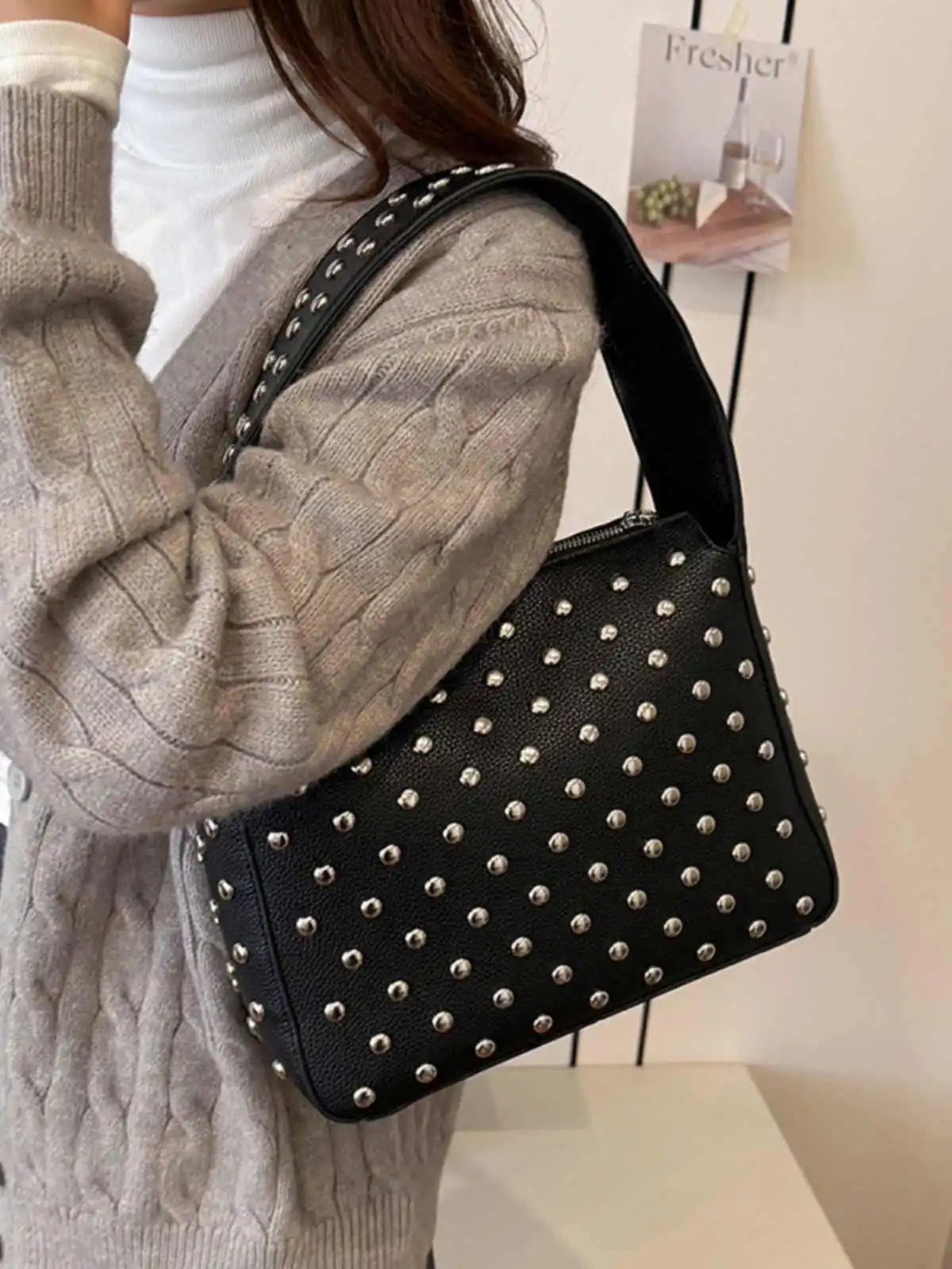 Rivet Decor Design Underarm Bag For Women New Autumn Winter Large Capacity Handbag New Tide Heavy Industry Single Shoulder Bag