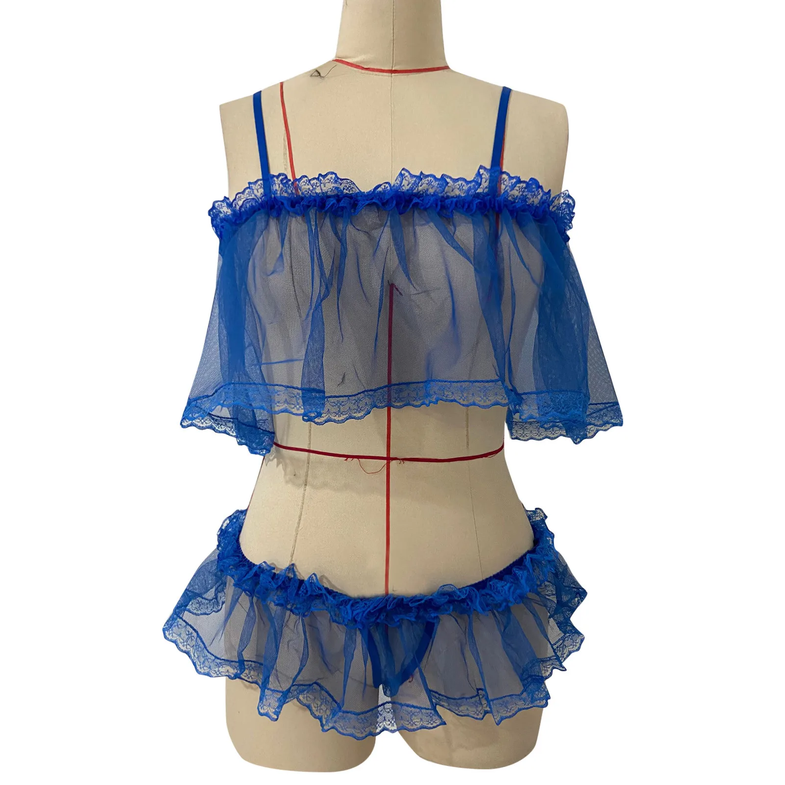 Womens Mesh Sheer Lingerie Set Lace Crop Top Ruffle Underpant Ultrathin Transparent Underwear Set Porn Panties Set Sexy Costumes