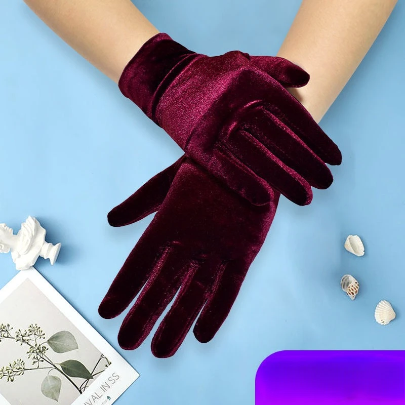 Women's short stretch gold velvet gloves autumn and winter cold-proof warm velvet gloves retro dance casual accessories
