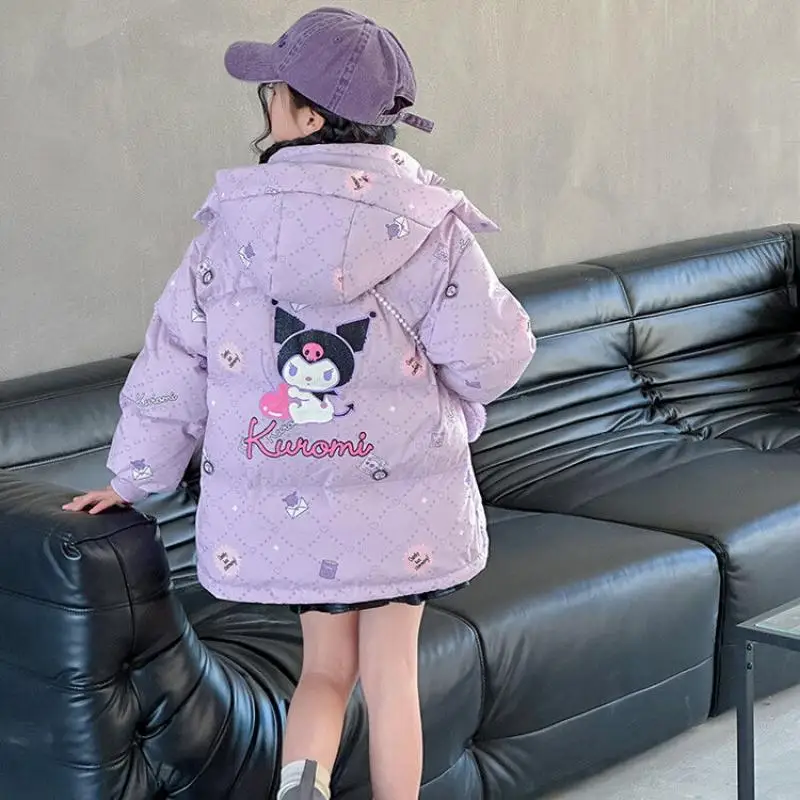 Sanrios Cotton Clothes Kuromi Child Girl Cotton Coat Plus Velvet Thicken Winter New Anime Soft Keep Warm Kawaii Cartoon Coat