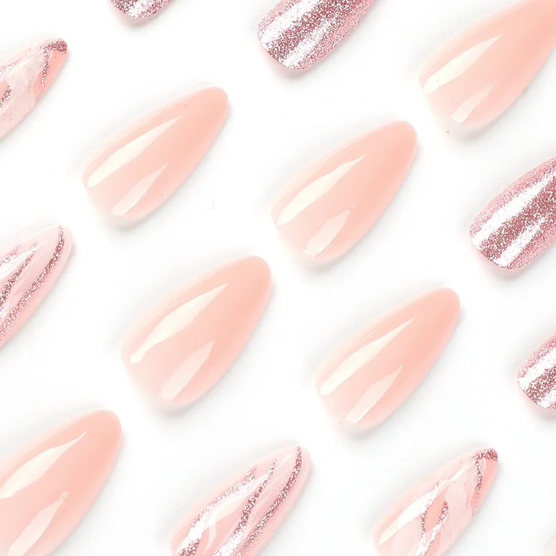 24 pzas Uñas postizas largas francesas con brillantina, incluye 1 pegamento de gel y 1 lima 2