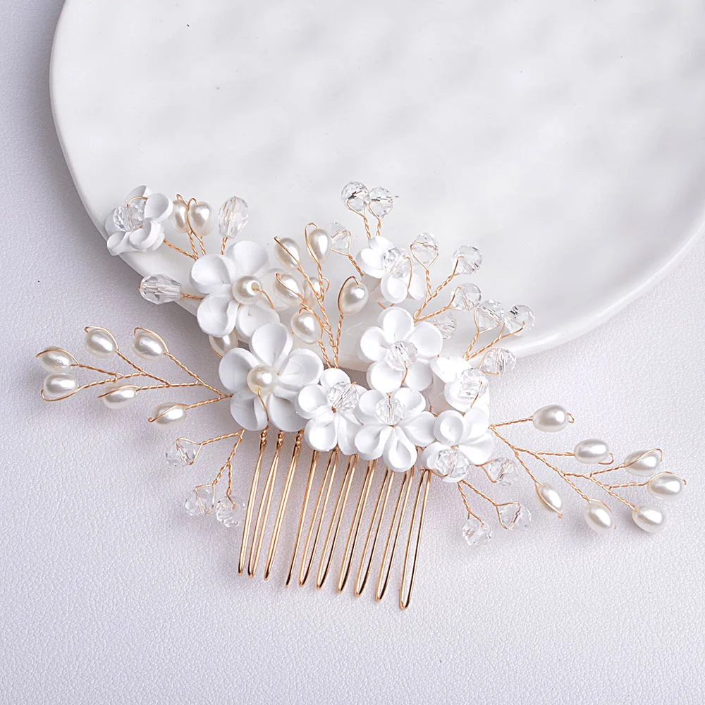 Women White Flower Bridal Hair Comb Wedding Hair Accessories Jewelry Pearl Handmade Party Hair Clip Comb for Women Headpiece