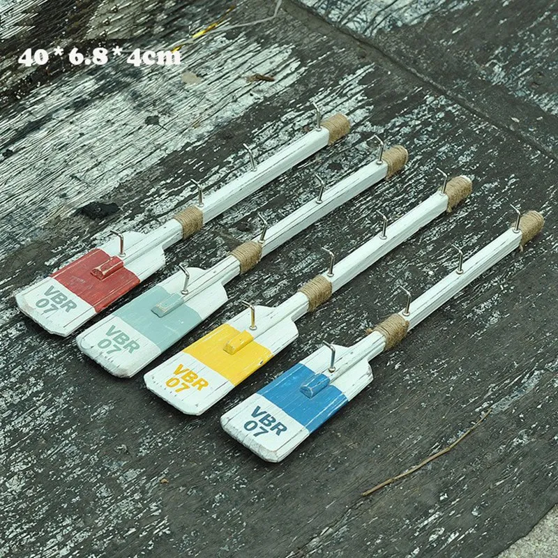 1Pc 40cm Nautical Wooden Oar Wall Decor with Hooks Paddle Adornment Coat Hooks Rack Mediterranean Antique Home Decor