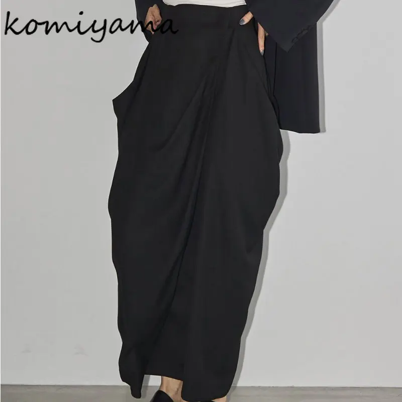 

Spring Summer Loose High Waist Jupe Femme Vintage Fashion Black Ruched Skirts Womens Simple Moda Mid-length Lantern Skirt