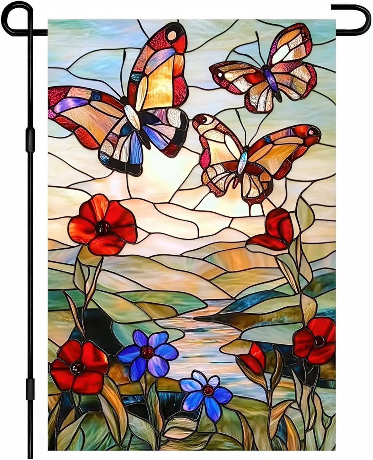 Stained Glass Butterfly Garden Flag Double Sided 12x18 Inch Spring Summer Yard Flag Floral and Butterfly Sanctuary Spring Su GGO