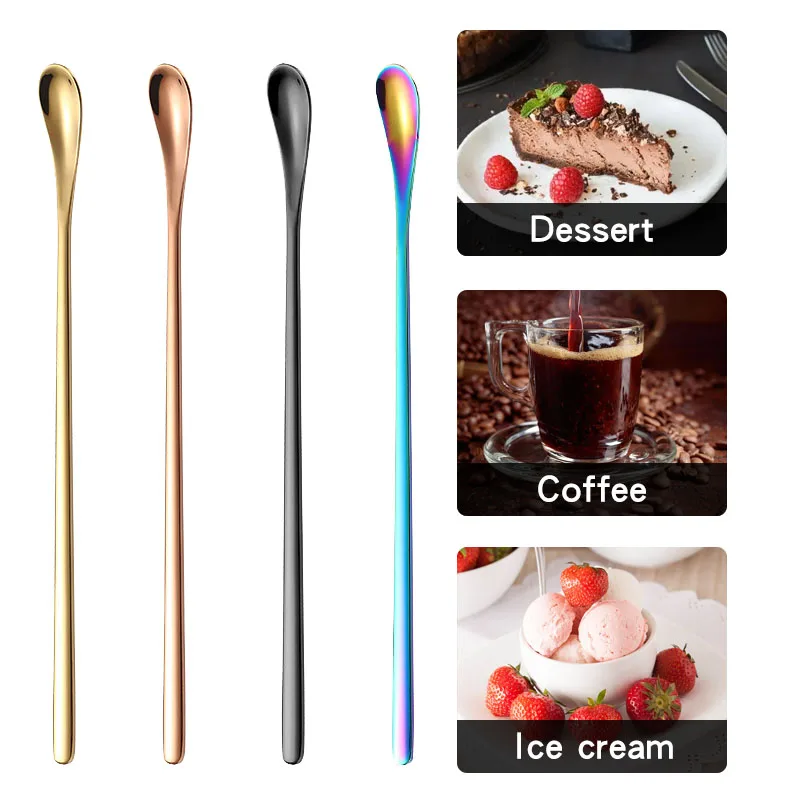 Long Handle Coffee Stir Spoon 304 Stainless Steel Teaspoon Dessert Ice Scoops Cocktail Spoon for Picnic Party Kitchen Bar Tools