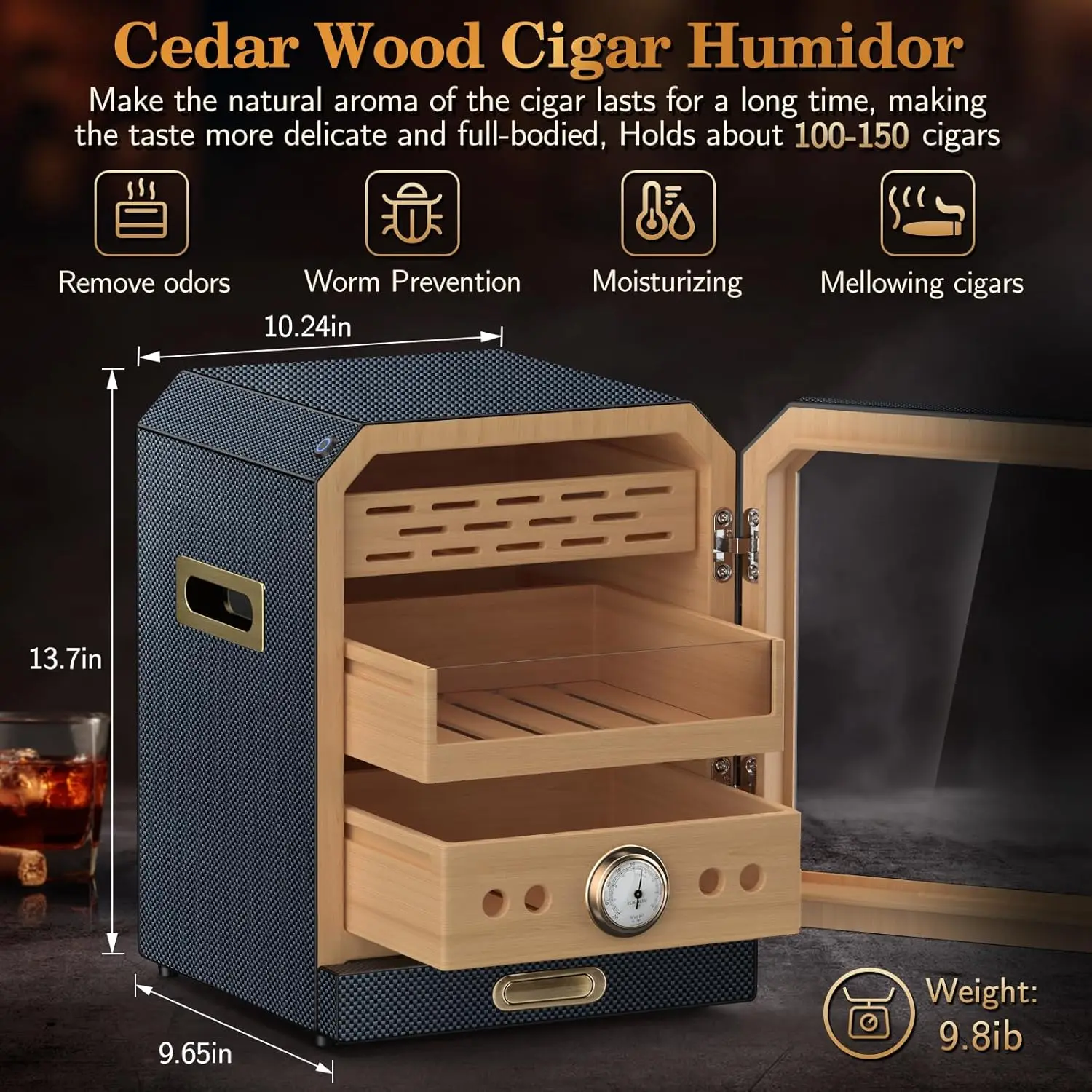 Cigar Humidor, with Cigar Accessory Drawer and 2 Humidifiers, Lighted Control Magnetic Door Desktop Cigar Humidor Cabinet