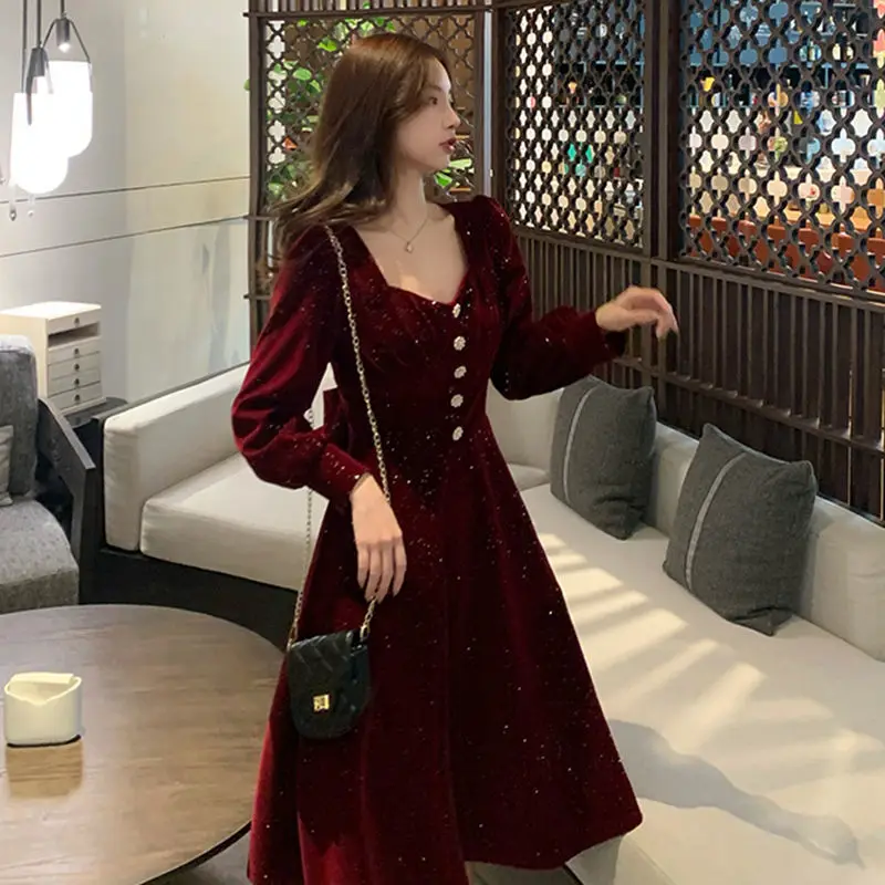 Flower Elegant Evening Party Midi Dresses Ladies Red French Retro Women Dresses New Year 2022 Velvet Korean Style Dress Winter