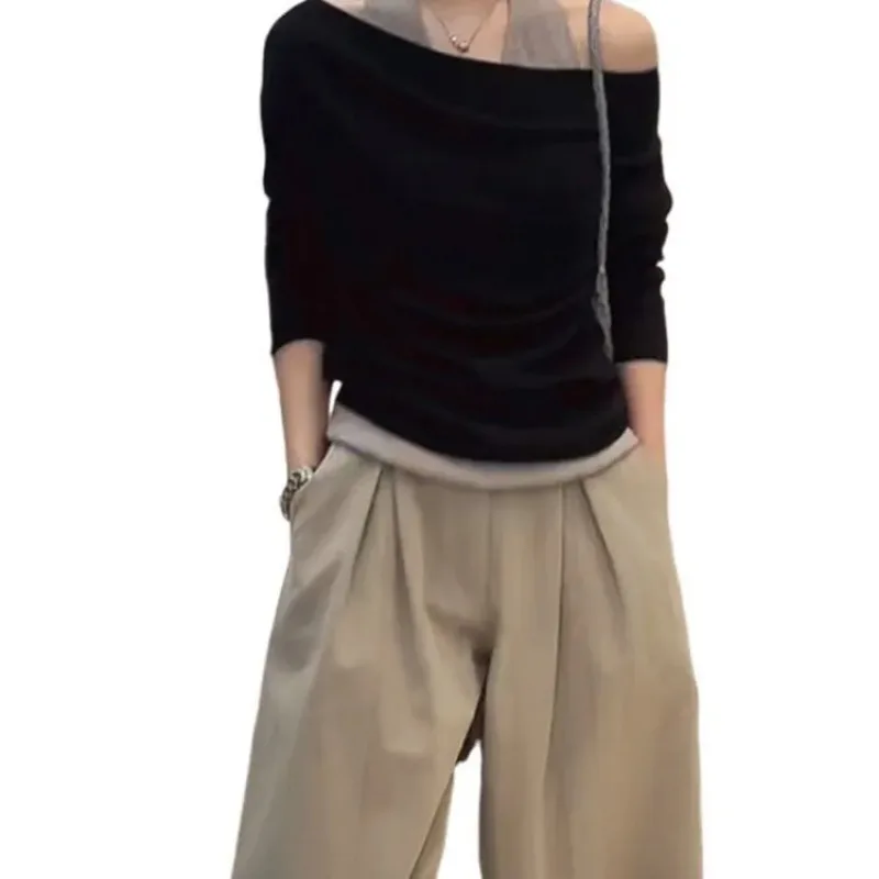 Off-shoulder Fake Two-piece German Velvet Long-sleeved T-shirt for Women Autumn Winter New Style Halter Neck Top