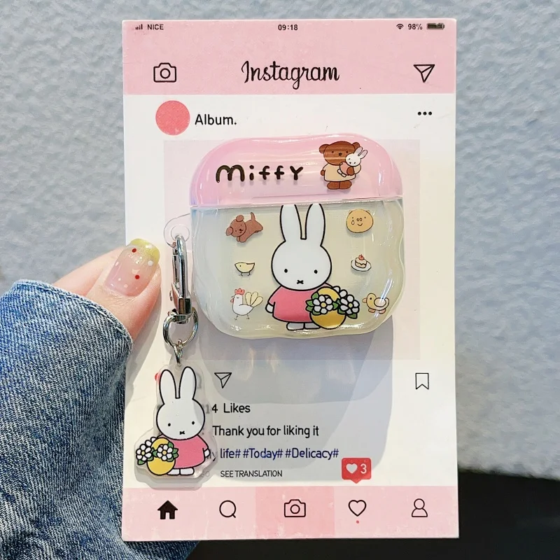 Cute Cartoon Miffy Rabbit Earphone Case With Pendant Soft TPU Cover For AirPods 1 2 3 4 5 Pro 3 2 Earbuds IMD Wave Border Cover