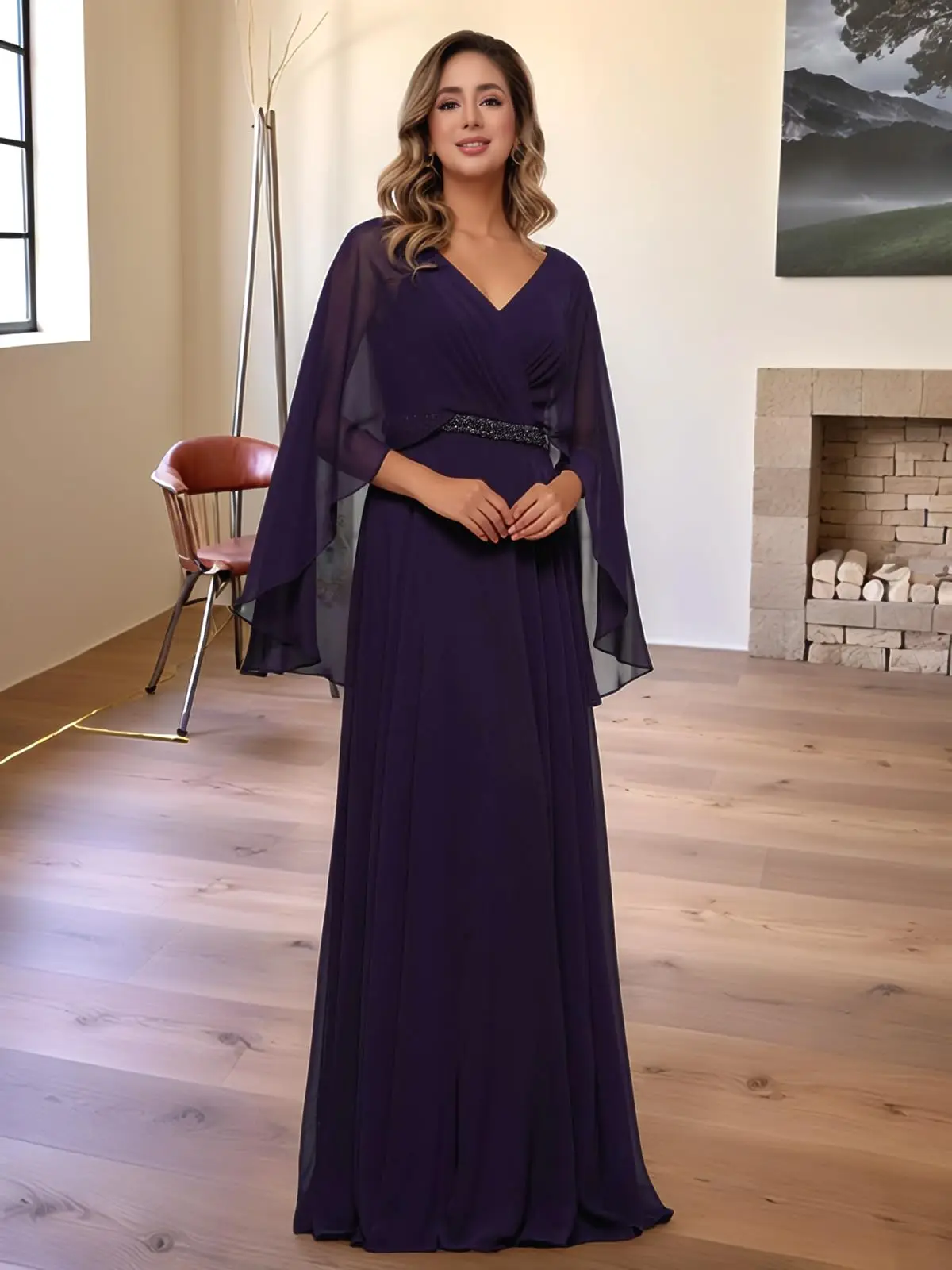 

Customized Mother Of The Bride Dresses With Cape Sleeve Chiffon Formal Evening Dress Long Beaded Wedding Guest Dresses For Women
