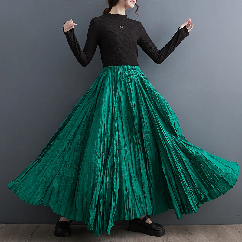 Autumn Fashion High Waist A-Line Skirt Loose Casual Sister Style Pleated Long Skirts Polyester Fiber Vintage Folded Design