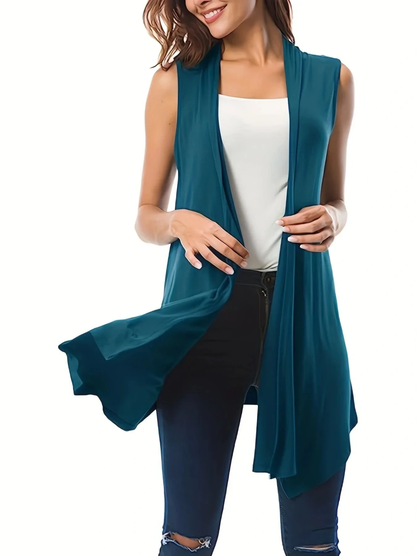 Women\'s Plus Size 1XL-5XL Asymmetrical Hem Sleeveless Cardigan Versatile Solid Color Casual Cardigan Simple Fashionable Cardigan