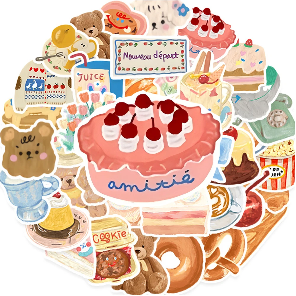 

10/30/50pcs INS Style Desserts Cake Snack Graffiti Stickers for Diary Planner Stationery Kawaii Cartoon Aesthetic Sticker Packs