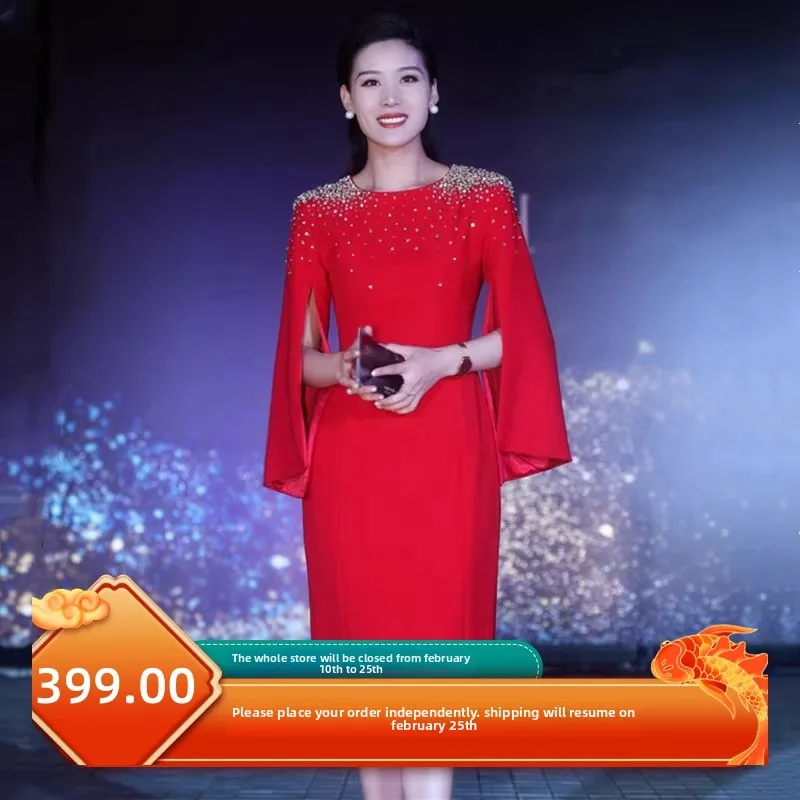 

Ele Red And White iny Evening Gown Women's High-End Luxury Host Performance Costume Wedding Ceremony Celebration Dr