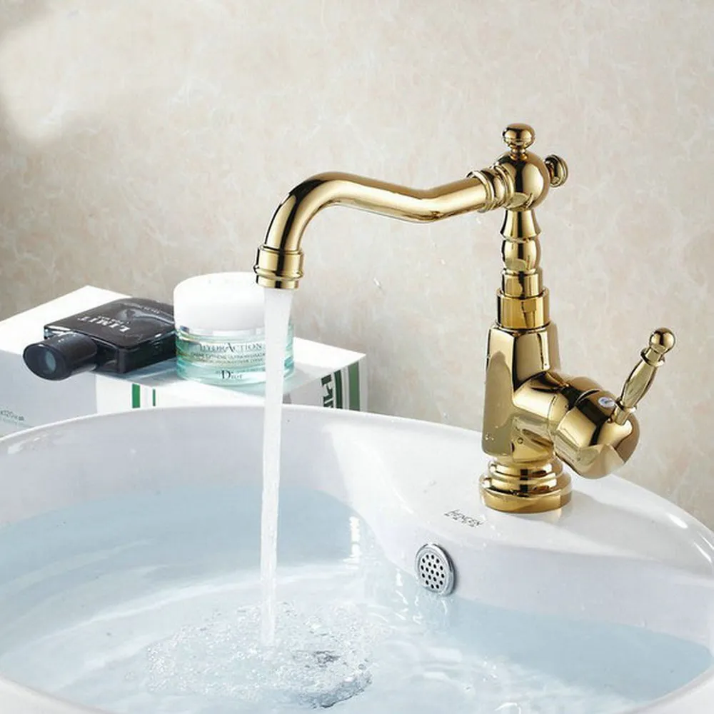 Golden Brass Single Hole Deck Mount Kitchen Bathroom Sink Faucet Swivel Hot Cold Mixer Water Tap 2gf003