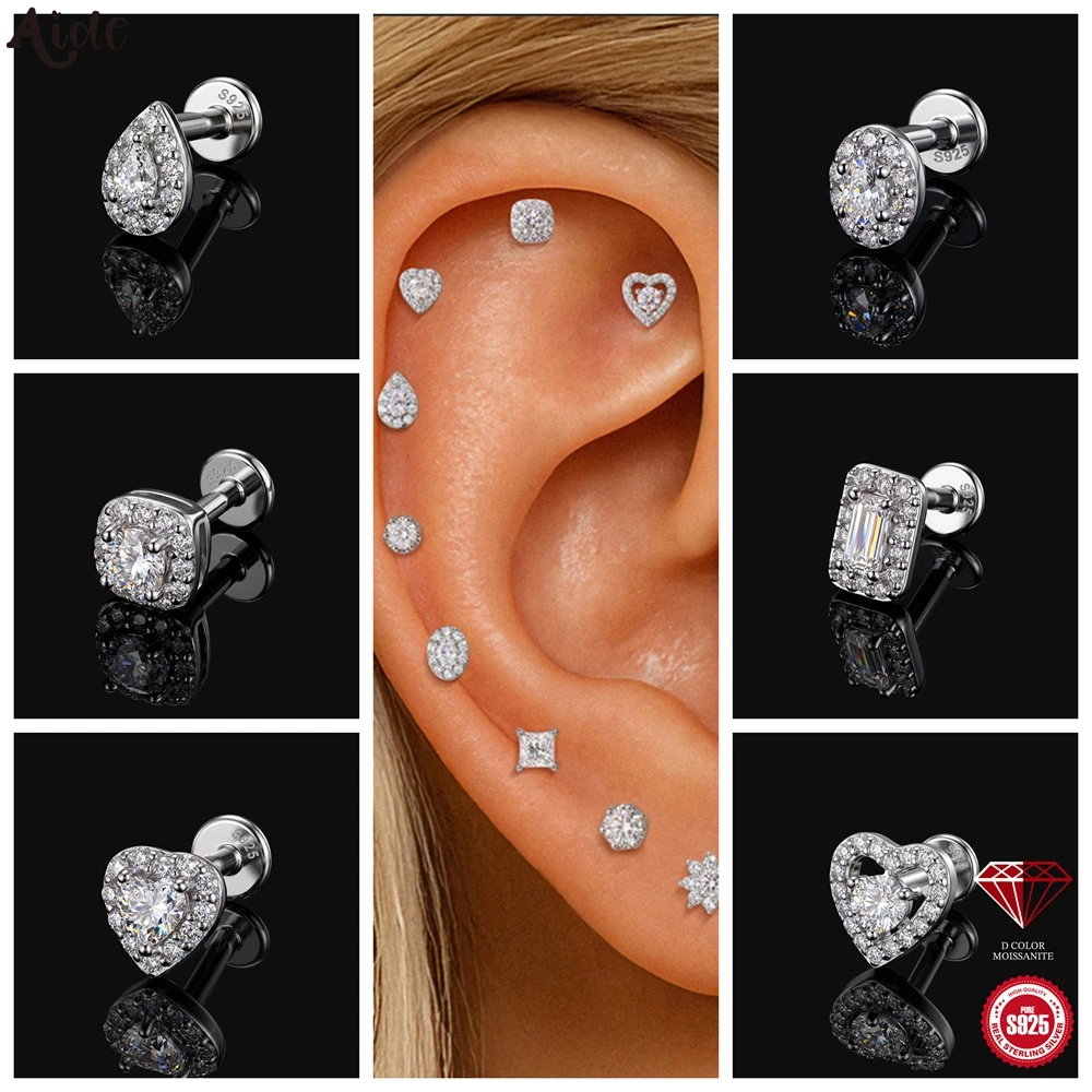 Aide 1pc 925 Sterling Silver 11 Style Flat Screw Back Ear Studs Shiny Moissanite Cartilage Piercing Earring Jewelry Bridal Gifts