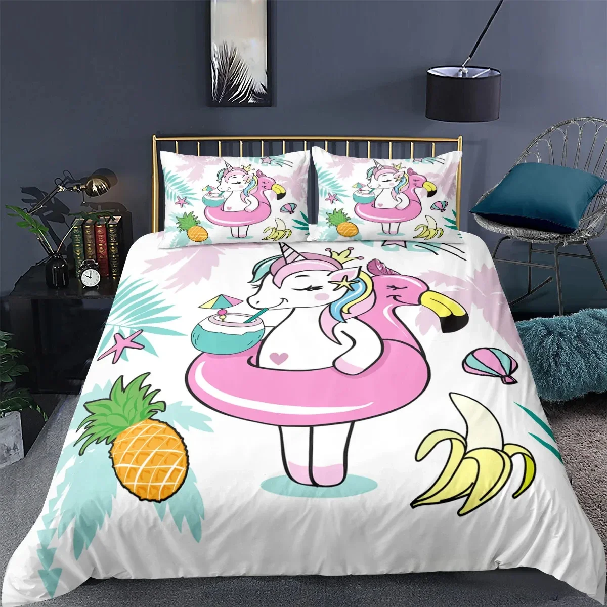 

Unicorn Bedding Set King Queen White Pink Unicorn Duvet Cover for Girls Boys Dreamy Cartoon Sparkle Lilac Polyester Quilt Cover