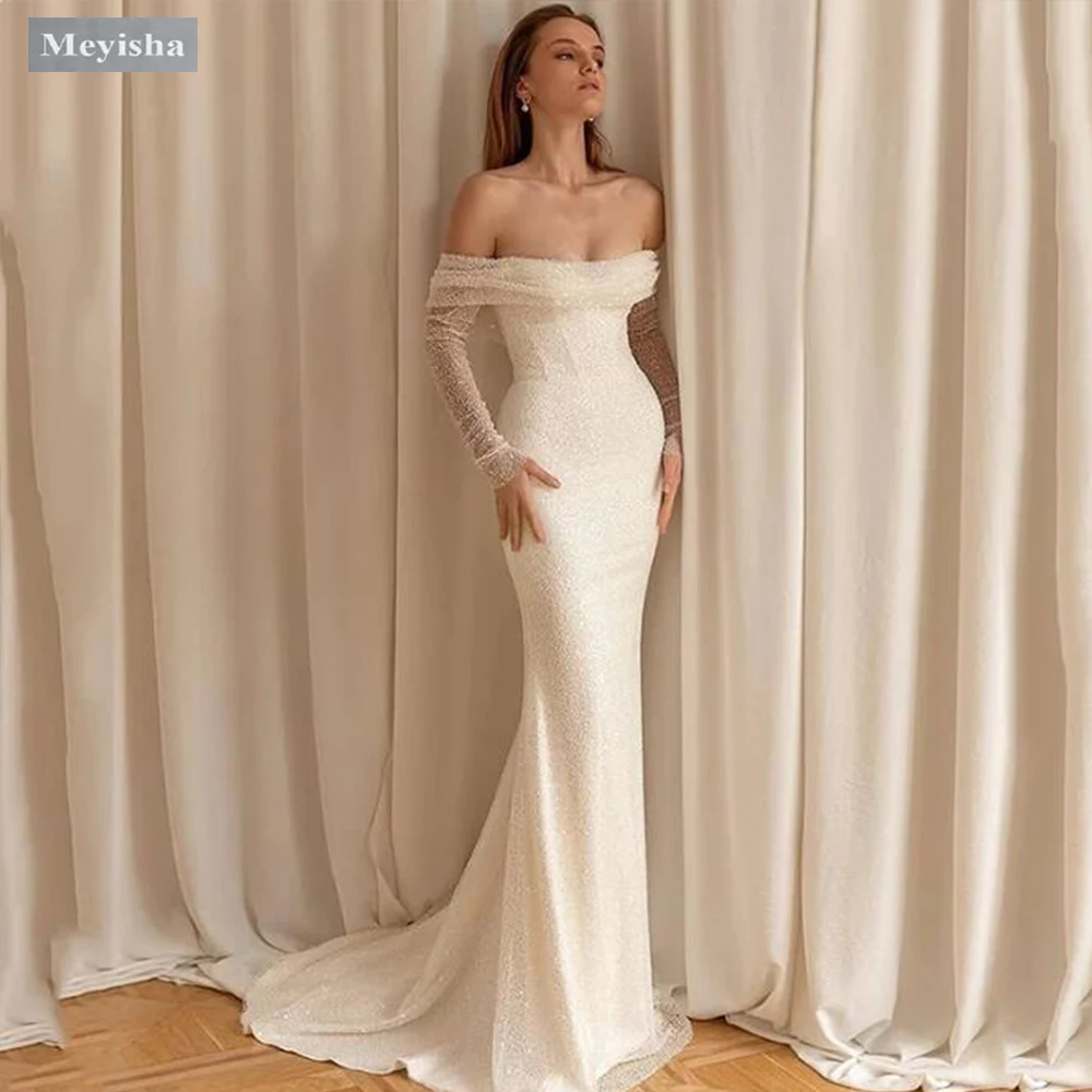 ZJ6042 Off Shoulder Glitter Elegant Mermaid Wedding Dresses Strapless Long Shiny Sleeves Bodycon Bohemia Bridal Gowns Plus Size